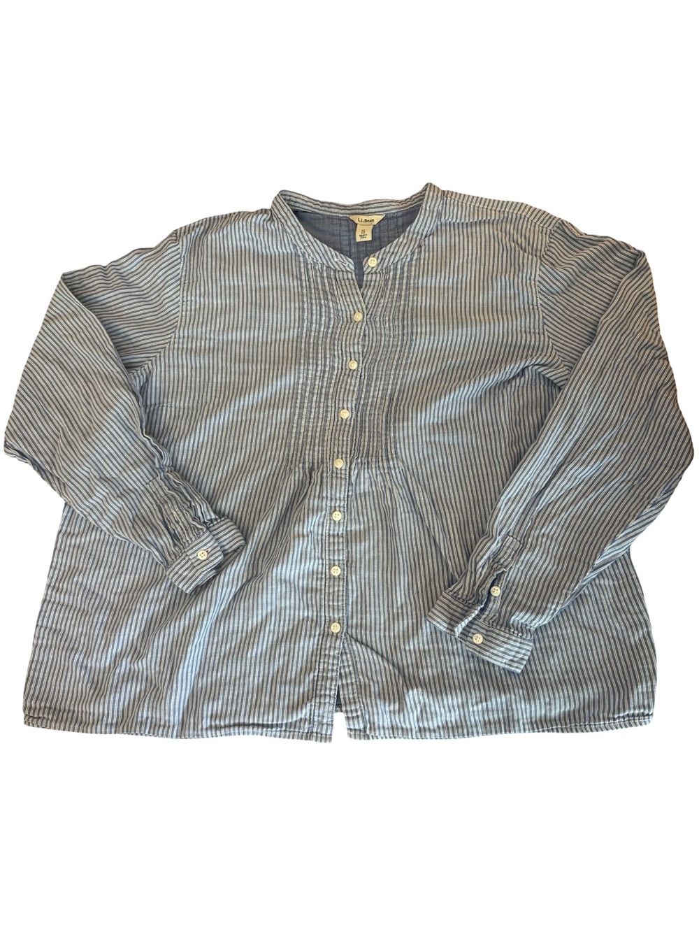 LL Bean Striped Pintucked Button Up Shirt Womens Size XL Petite Blue White